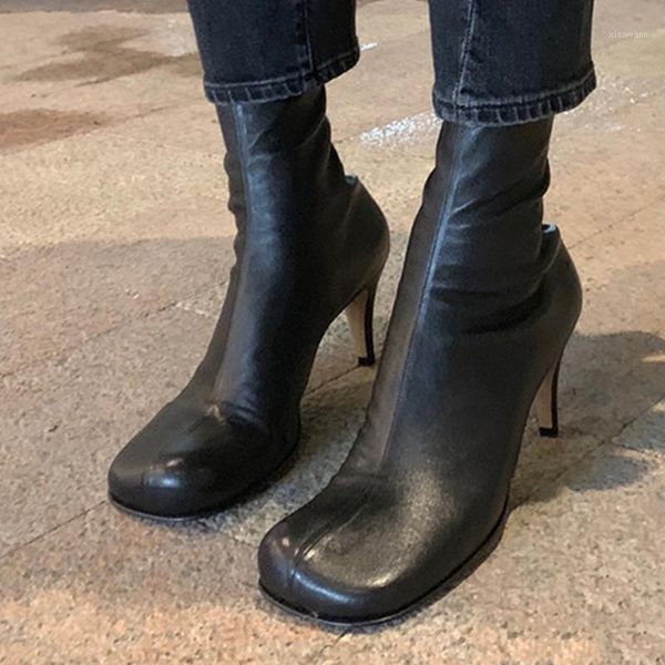 

runway woman square toe kitten heels elastic short boots women genuine leather back zip ankle boots big size party shoes1, Black