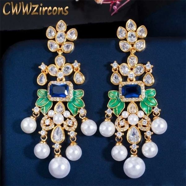 

cwwzircons flowers cubic zircon cz long dangle pearl earrings for women african bridal earring aretes de mujer modernos cz656 220210, Silver