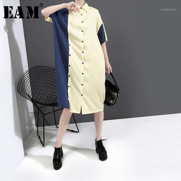 

eam] women yellow contrast color big size shirt dress new lapel half sleeve loose fit fashion tide spring summer 2020 1w3371, Black;gray
