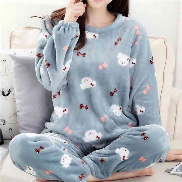 

pajamas women winter flannel long-sleeved thickening plus velvet coral fleece cute autumn and winter home service suit women, White