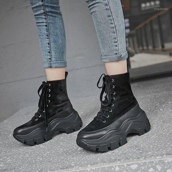 

boots winter shoes women flock round toe high bottom british casual increased mid-calf mujer1, Black