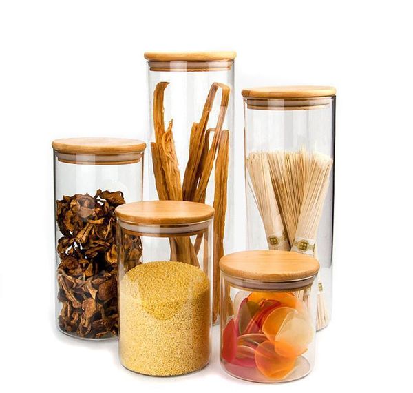 

transparent glass food storage canisters corks cover jars bottles for sand liquid food eco-friendly glass bottles with bamboo lid sqccfwv