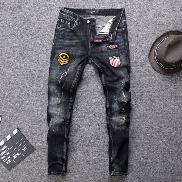 

2021 new men's brem from new fashion designer thin blue streetwear buttons fit classic brim pants ealf