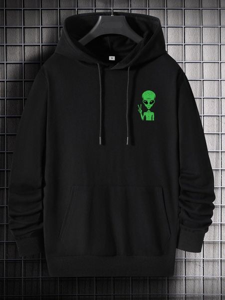 

men alien print drawstring kangaroo pocket hoodie 59nr#, Black