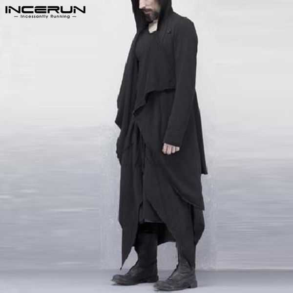 

men fashion hooded long sleeve coats loose punk style cloak incerun 2020 irregular solid trench mens button outer clothing s-5xl, Tan;black