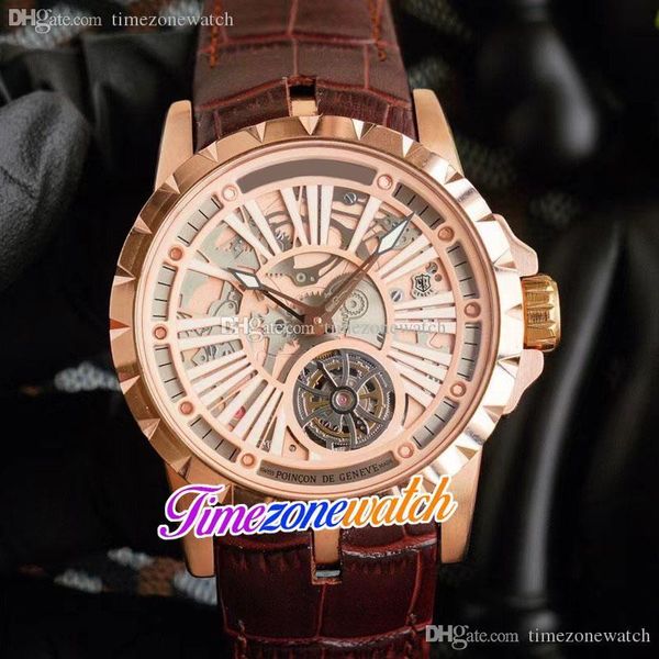 Yeni Excalibu 46mm Otomatik Erkek İzle Pembe Altın İskelet tourbillo Kahverengi / Mavi / Siyah Deri Saatler Timezonewatch E77a1 Dial