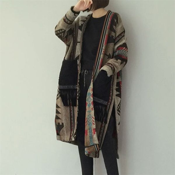 

winter warmness long wool coat women korean elegant ladies boho tassel blends knitted sweater cardigan overcoat autumn outwear 201211, Black