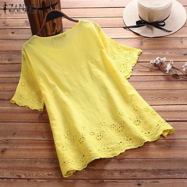 

zanzea summer short sleeve blouses women hollow out shirts bohemian floral embroidery blouse solid cotton linen blusas 7 y200622, White