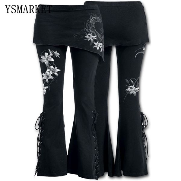 Ysmarket S-Women 2 em 1 Boot Cut Leggings Plus Size Micro Skirt Calças Gótico Punk Lace Up Bell Bottom Leggings LJ201029