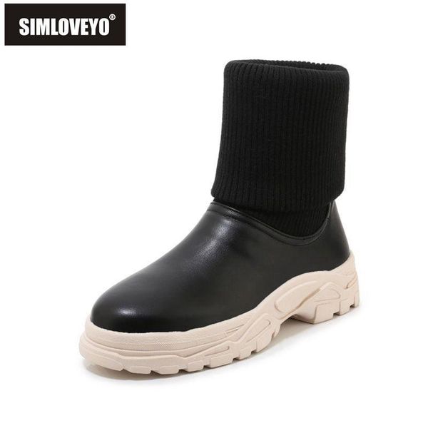 

simloveyo round toe platform slip on faux leather squre heel soft short plush wool sock snow boots platform size 46 black white
