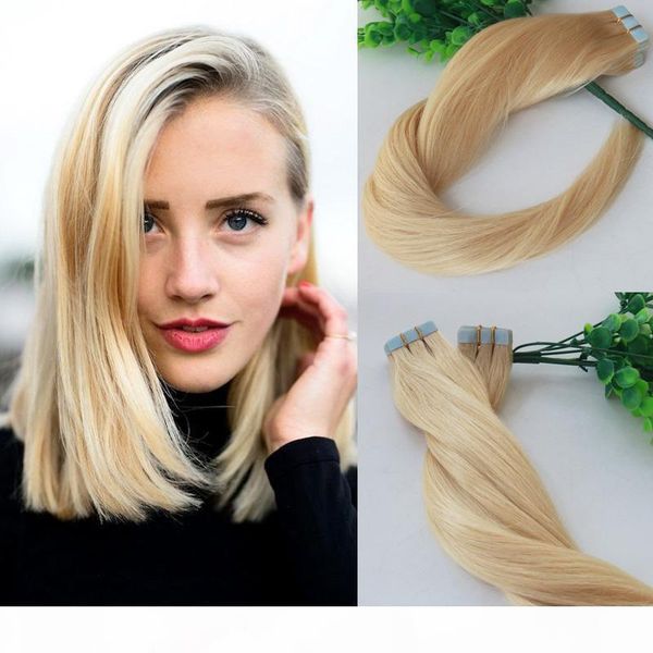 

100g tape in human hair extensions blonde 613 bleached blonde remy tape hair extensions skin weft pu, Black