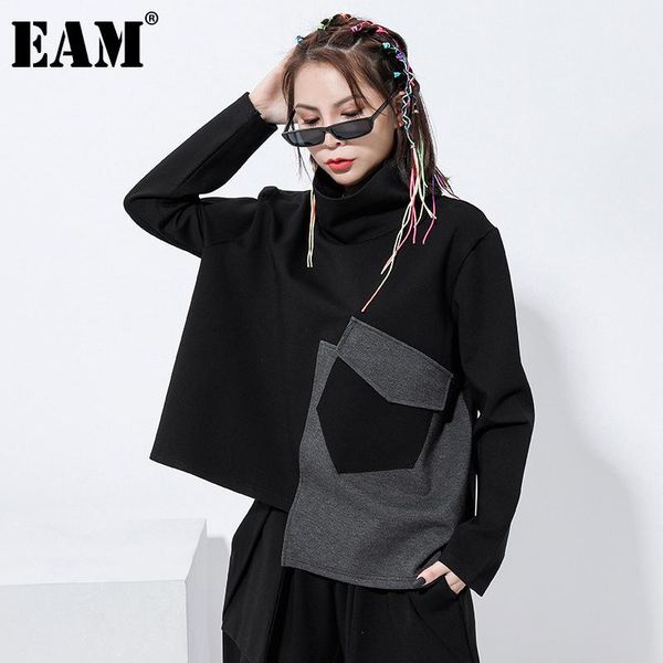 

women's hoodies & sweatshirts [eam] loose fit pocket split joint sweatshirt turtleneck long sleeve women big size fashion tide spring a, Black