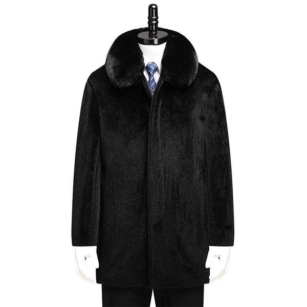 

men's wool & blends middle aged and elderly woolen overcoat winter long medium thick windbreaker father's coat with mink collar, Black
