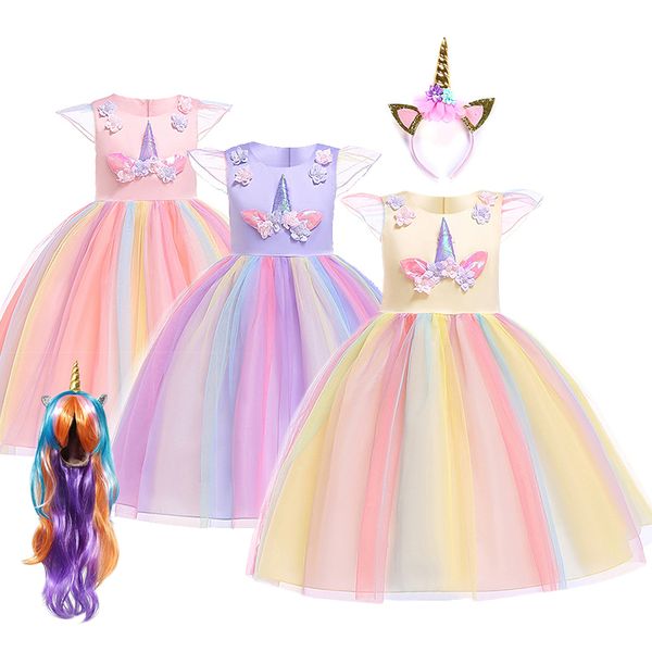 

girls unicorn dress up costume halloween ball gown cosplay princess kids birthday unicorn party wigs accessories fancy dresses t200624, Red;yellow