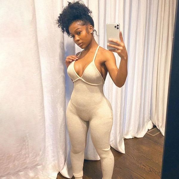 

knitted jumpsuit 2020 women summer bodysuit v-neck rompers female solid casual streetwear outfit fitness backless, Black;white