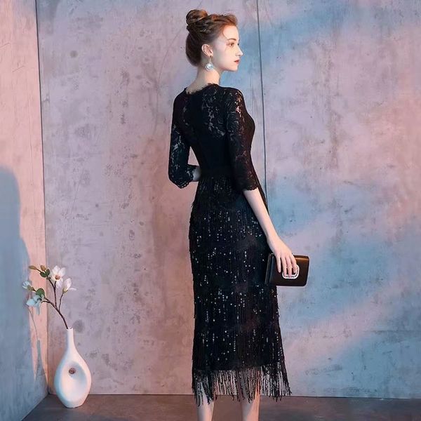 

2021 new robe soiree black tassel prom neck dressed party clothes t3ig