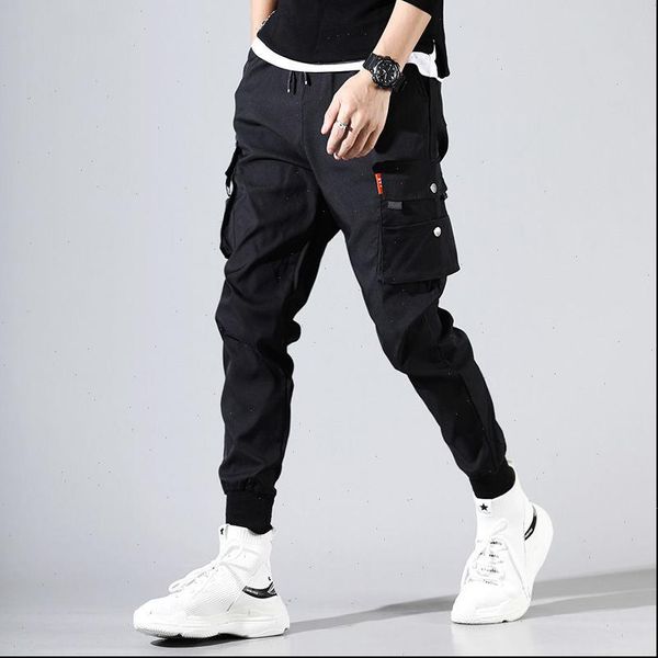 

cargo pants men solid color black loose casual jogger pocket elastic waist ankle length trousers drop shipping