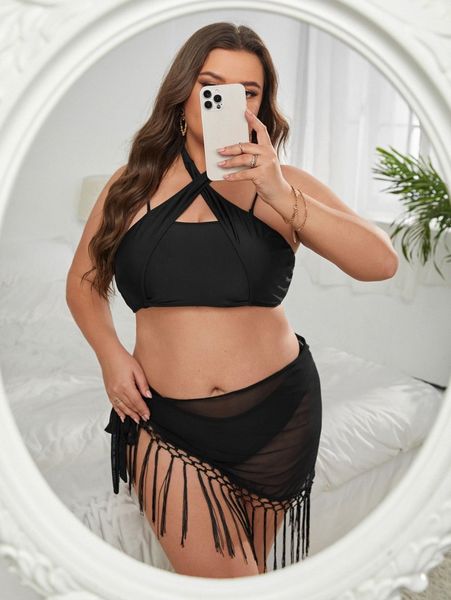 

plus plain criss cross fringe bikini swimsuit with beach skirt u1pf#, Black