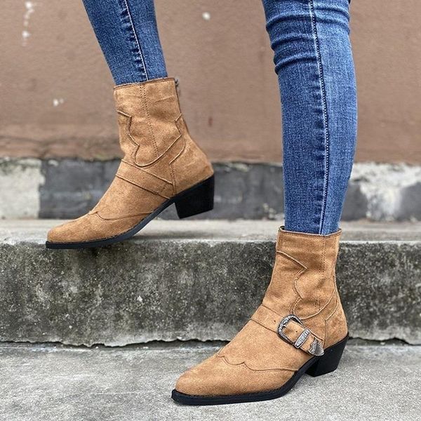 

boots women's mid-calf short autumn 2021 fashion lace-up pointed toe square heel zippers womens shoes, Black