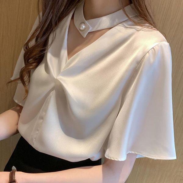 

blusas mujer de moda 2021 blouse women short sleeve white blouse women shirts v-neck chiffon shirt blusa d314