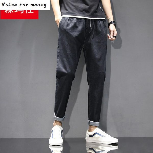 

fashion style korean men jeans loose elastic harem pants tapered trousers retro blue streetwear hip hop jeans men pencil pants