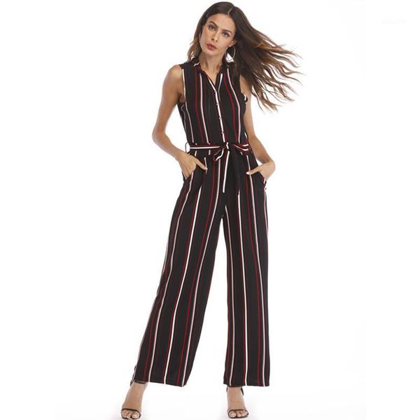

women office jumpsuit sleeveless v neck striped high wasit bandage romper wide leg long pants with pockets bodysuits wy*1, Black;white