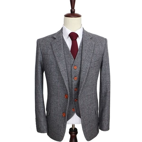 Wolle Retro Grau Fischgräten-Tweed Britischer Stil maßgeschneiderter Herrenanzug Schneider Slim Fit Blazer Hochzeitsanzüge für Männer 3-teilig 201106