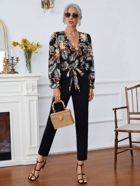 

tropical print flounce sleeve belted jumpsuit h9me#, White