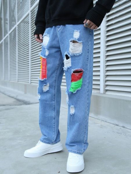 

men ripped straight leg jeans o4fx#, Blue