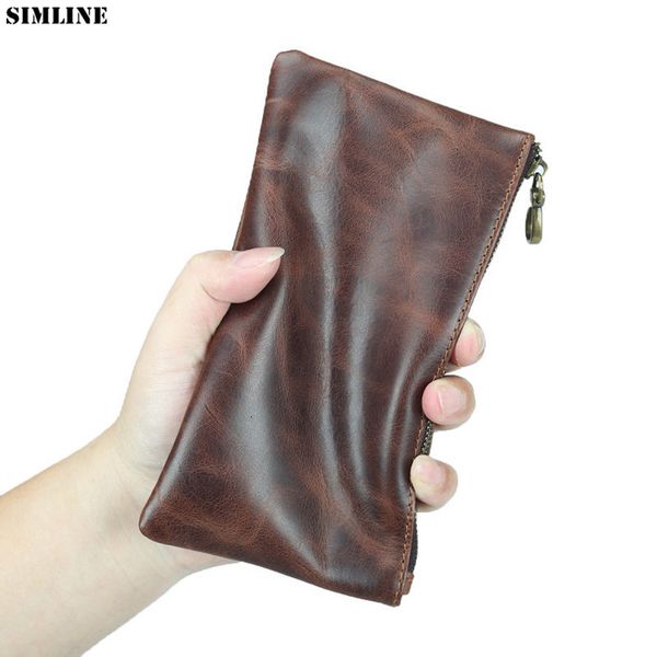 

genuine leather wallet for men male vintage cowhide mens long zipper slim clutch wallets purse with card holder phone pocket bag