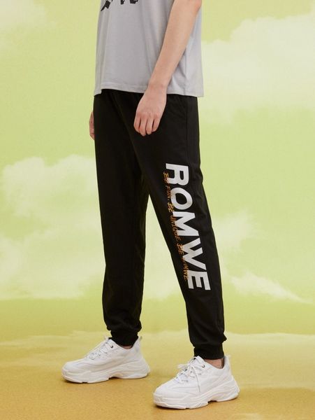 

romwe guys letter graphic sweatpants 720f#, Black
