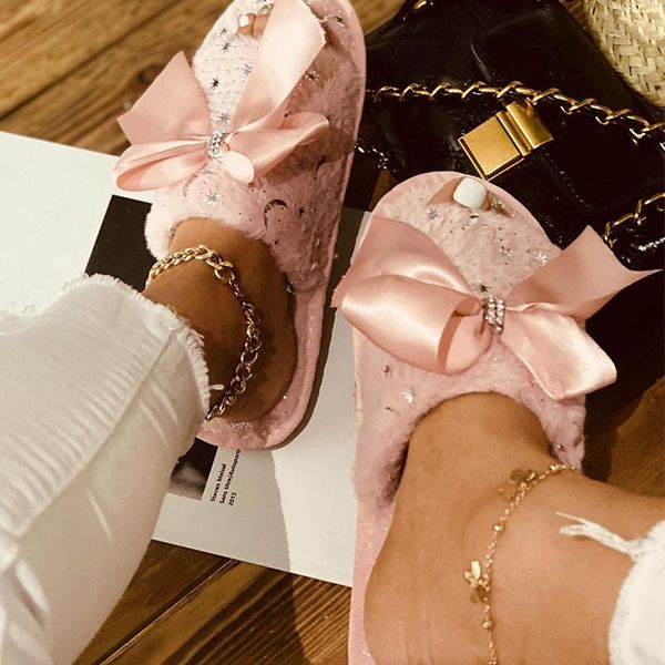 

slippers fur home for women bowtie flats women's slides woman short plush spring ladies footwear female shoes plus size 43, Black