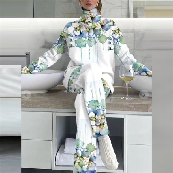 

elegant office lady vintage landscape print suits casual half high collar long sleeve + pants women 2 piece set 220315, White