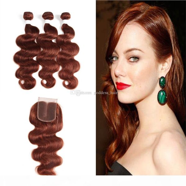 

brown virgin human hair 3bundles with lace closure 340g medium brown auburn color body wave hair extensions with closure 4x4, Black
