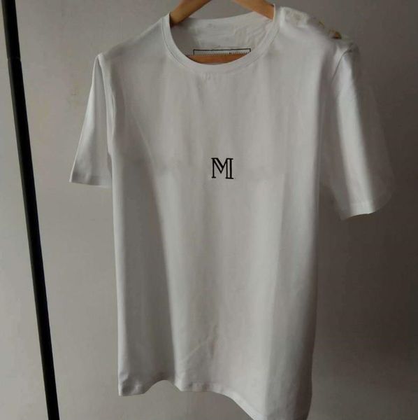 T camisa novo design de luxo ombro fivela de ouro quente carimbo carta preto branco de manga curta algodão em torno do pescoço para mulher hujd