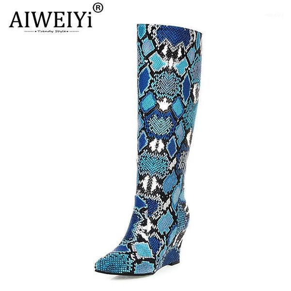 

aiweiyi winter knight boots thick high heels pointed toe boots snake print fashion runway knee high1, Black