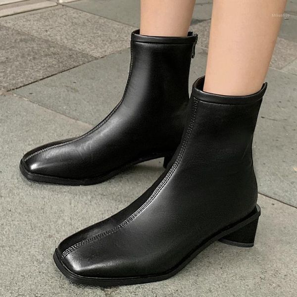 

boots women square head mid heels ankle zip spring fall fashion sewing daily black brown white booties 20211