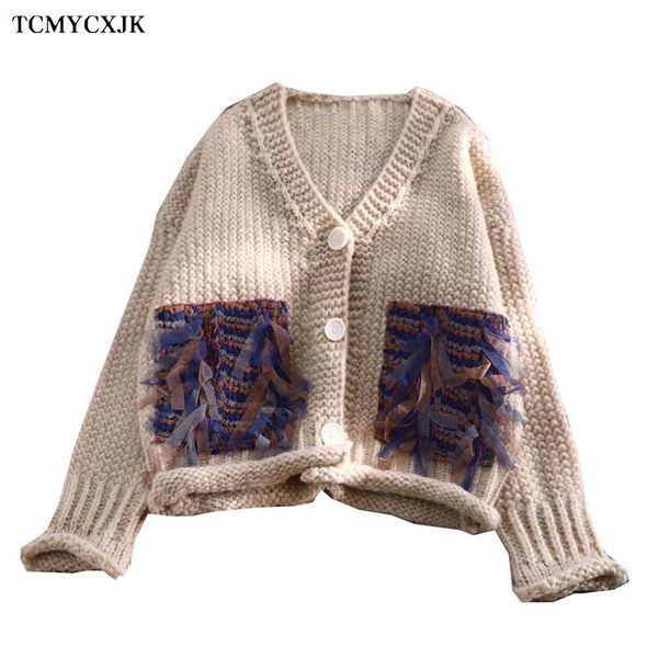 

women's knits & tees autumn v neck loose knit cardigan winter long-sleeve stitching pockets sweater coat women thick warm casual top, White