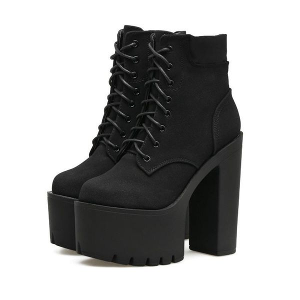 

2020 female autumn winter classic high thick bottom thick heel waterproof platform lace up short nubuck boots, Black