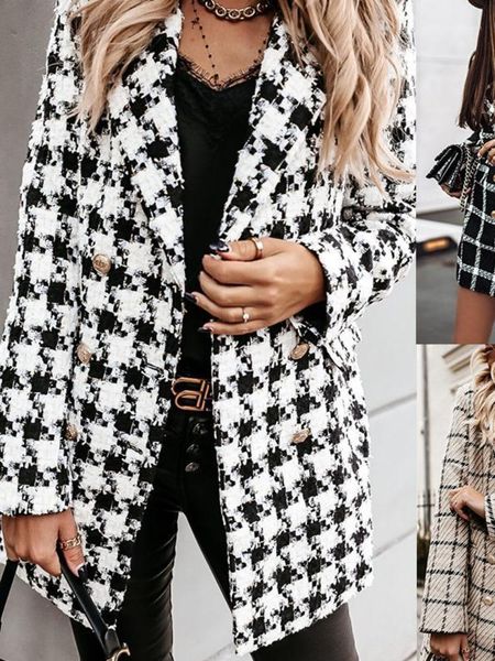 

2021 new fashion winter casual women's coat printing woolen women's clothes lapel grid medium style jacket1, Black