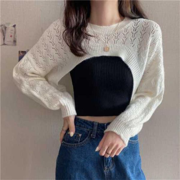 

women's t-shirt knitted long sleeve crop t shirt femme autumn hollow out crochet pullover cropped casual mujer, White