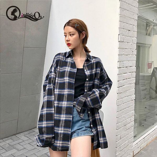 

women retro blouse plaid print spring autumn lapel shirt loose single breasted long sleeve casual blouse drop shipping, White