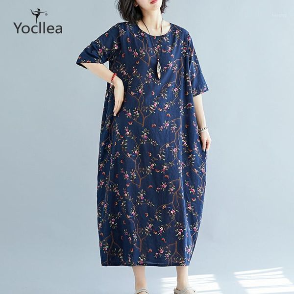 

oversize women's dress 2020 summer art loose print cotton and linen short sleeve dress plus size long dresses robe1, Black;gray