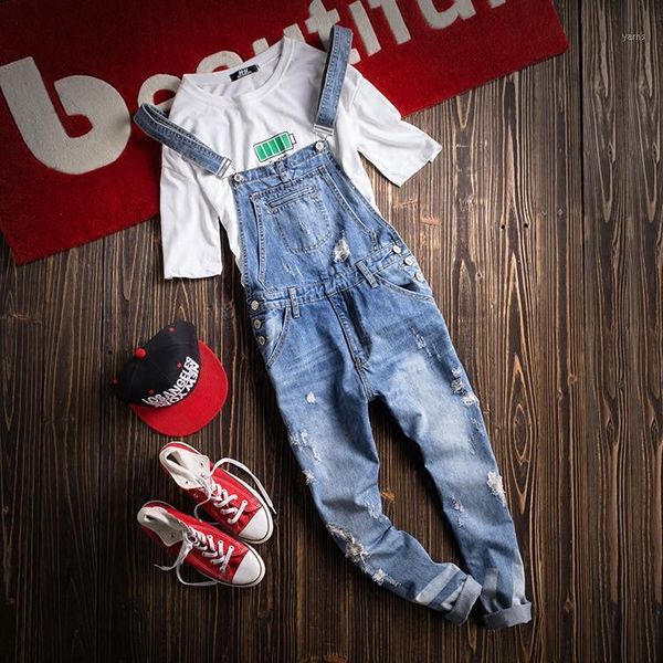 

new vintage denim bib pants men water wash one piece tooling strap pants denim trousers overalls men ripped jeans jumpsuit1, Blue