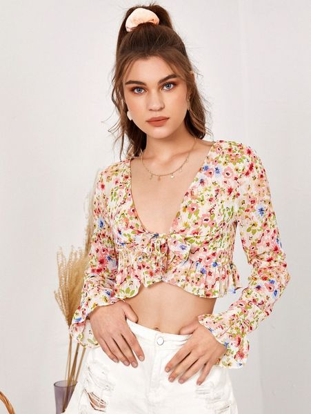 

allover floral print flounce sleeve tie front kimono f7mt#, White;black