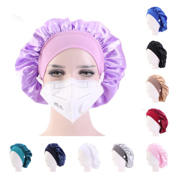 

women mask hats stretch wide brim headband satin hair care hat with button headwrap for ear mask holder hairlace hair boutique sale g12303, Slivery;white