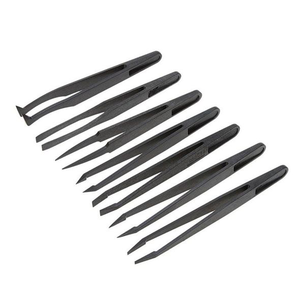 

promotion 7pcs black plastic antistatic flat bottomed end tweezers hand tools set