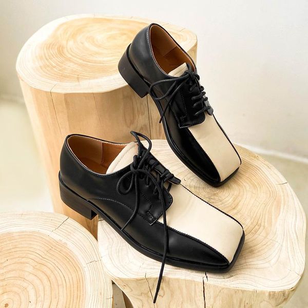 

deat 2020 new autumn and winter fashion casual square head patchwork thick heel lace up leather shoes for women sf954, Black