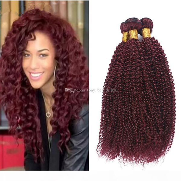 

9a #99j burgundy mongolian afro kinky curly virgin hair weave 3 bundes lot wine red curly human hair weft extensions 10-30'' stock, Black