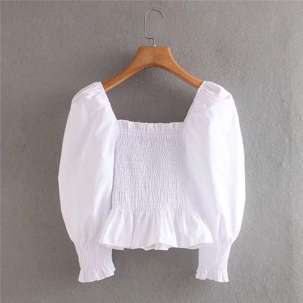 

women summer casual elastic white za short blouse female 2020 new fashion puff half sleeve ruffles poplin smock shirts femm